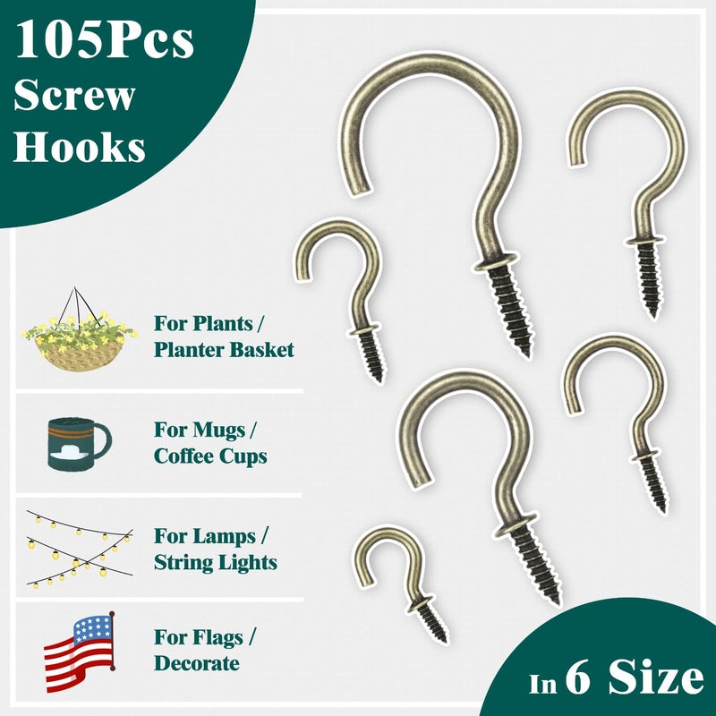 EIENHOSHI 105 Pcs Screw Hooks  6 Sizes Bronze Cup Hooks  Screw Hooks for Hanging  Metal Cup Hooks Screw in (1/2""  5/8""  3/4""  7/8""  1''  1-1/4"") - Image 4